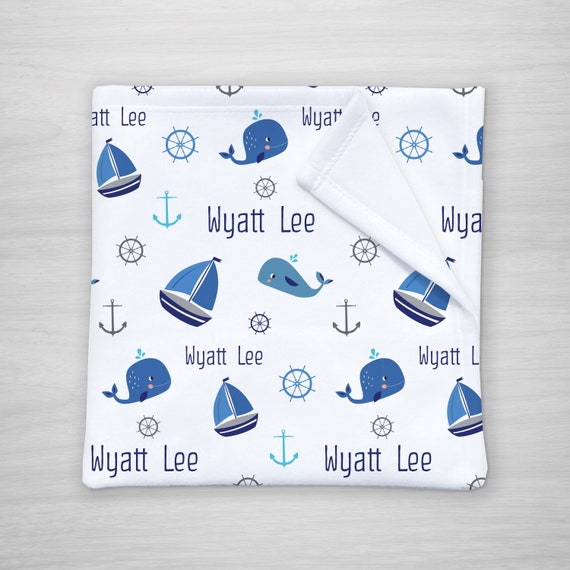 Nautical Baby Blanket, Personalized with name, Boats and whales, Receiving Blanket, Crib Blanket, Swaddling Blanket, Baby Shower Gift Il_570xn