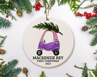 Baby's First Christmas Ornament with a pink and purple toy car and tree, Personalized, Baby's 1st Christmas Gift, Keepsake Ornament, 2023