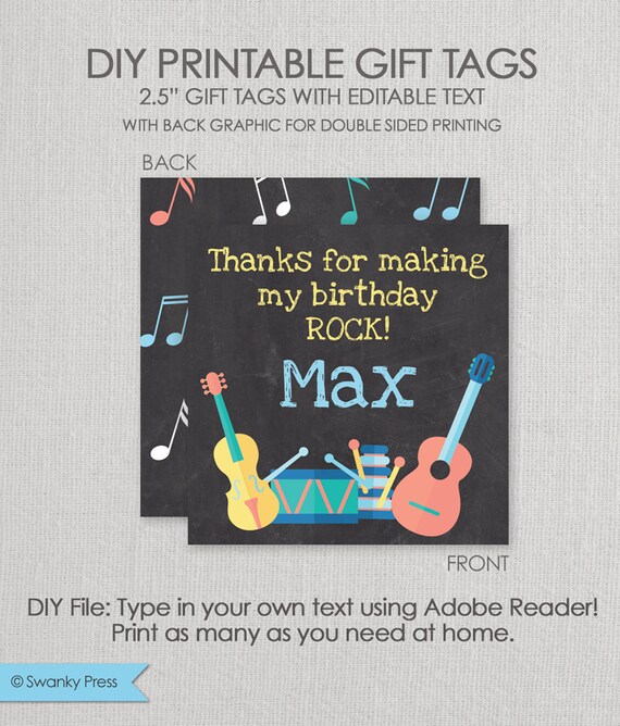 Musical Instruments Chalkboard Party Square Gift Tag Set - Printable DIY with fully editable text Il_570xn
