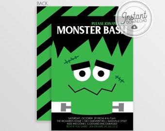 May include: Green and black monster bash invitation with a cartoon Frankenstein face. The text reads "Please join us for a Monster Bash" and includes the date, time, location, and RSVP information.