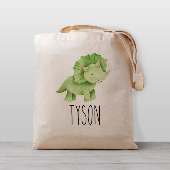 Personalized kid's Tote Bag, Triceratops Dinosaur with name Name for Boy, Girl or Gender Neutral, Canvas School, Preschool or Daycare Bag, Il_570xn