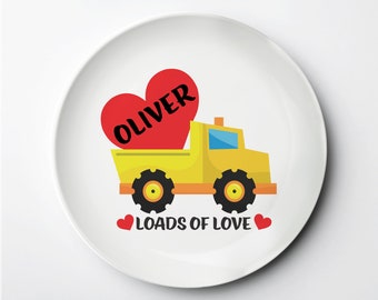 Valentine's Day Kids Plate, Personalized ThermoSāf® reusable plate, Dump Truck with heart, dishwasher, microwave safe