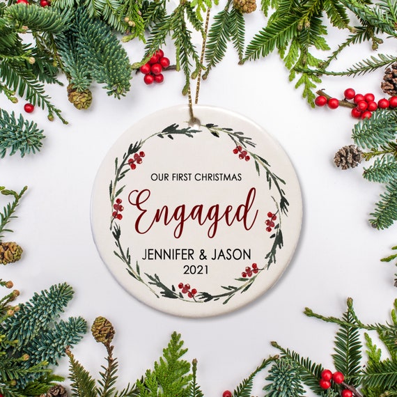 Simple Wreath Engaged Christmas Ornament, New couple Gift, Personalized Wedding Gift, First Christmas engaged Il_570xn