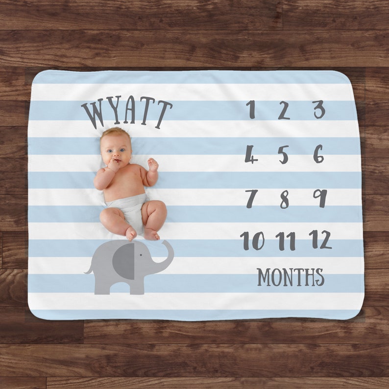 Baby Milestone Blanket Blue Elephant Baby Month Blanket Boy Etsy