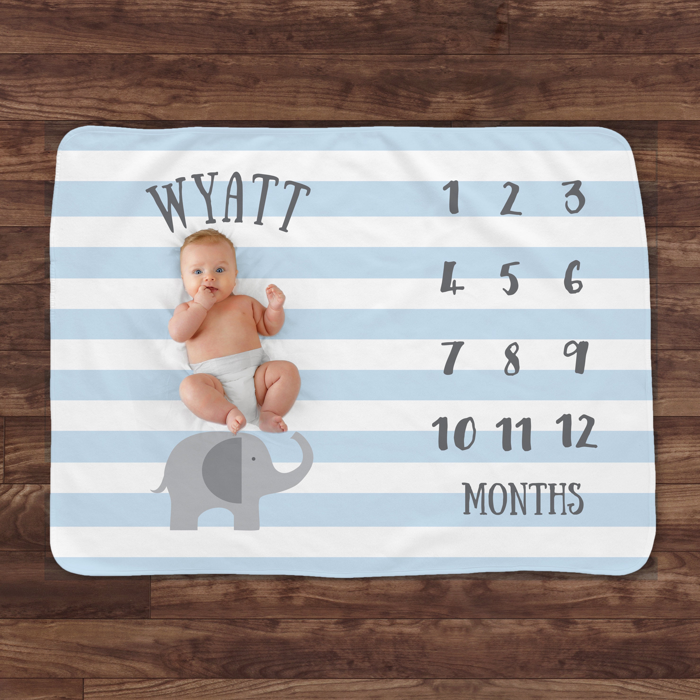 Baby Milestone Blanket Blue Elephant Baby Month Blanket Boy Etsy