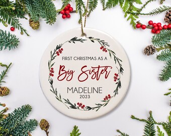 Big Sister Christmas Ornament with simple wreath, Personalized with name and year, Keepsake Christmas Gift, Simple Wreath Ornament