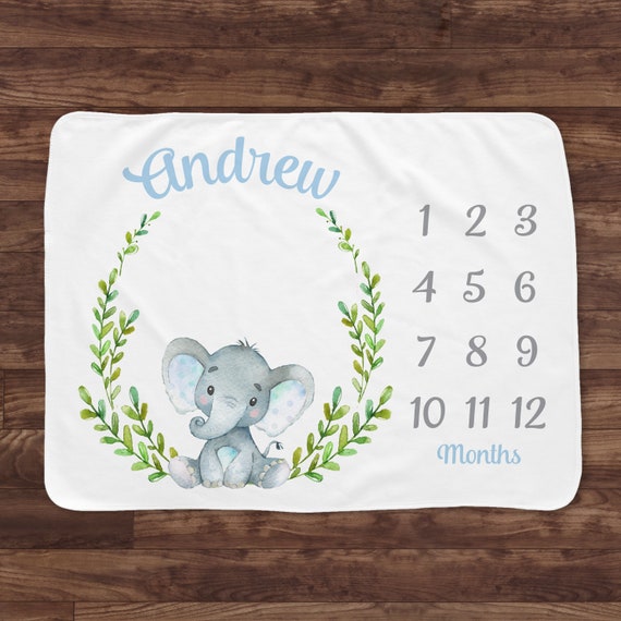 Baby Milestone Blanket- Elephant & Flowers Baby Month Blanket - Boy- Blue Baby Blanket -Baby Shower Gift (elephant with leaves) Il_570xn