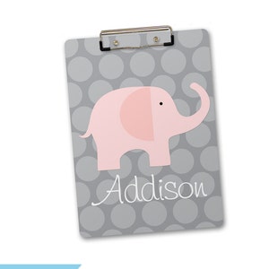 Personalized, Monogrammed Clipboard pink elephant on grey polka dots image 1