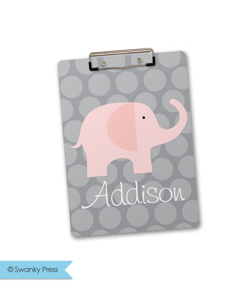 Personalized, Monogrammed Clipboard pink elephant on grey polka dots image 1