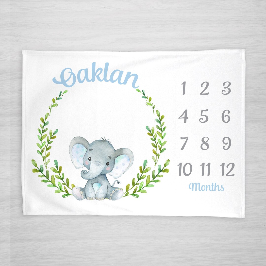 Baby Milestone Blanket Elephant & Flowers Baby Month Blanket Boy Blue