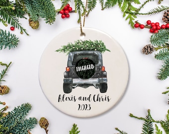 Engaged Christmas Ornament,  Personalized Engagement Gift, Black Car Truck with Christmas Tree, First Christmas