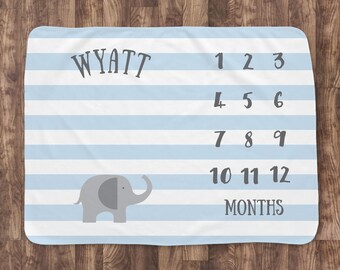 Baby Milestone Blanket- Blue Elephant Baby Month Blanket - Boy - Baby Blanket - Track Growth and Age -Baby Shower Gift