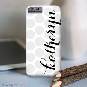 iPhone Personalized Case with soft gray Polka Dots and bold name, Choose your colors, iPhone 14, 14 Pro, 13 Pro Max Case image 4