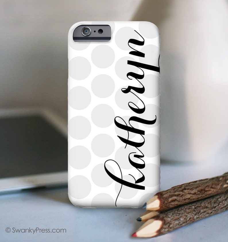 iPhone Personalized Case with soft gray Polka Dots and bold name, Choose your colors, iPhone 14, 14 Pro, 13 Pro Max Case image 4