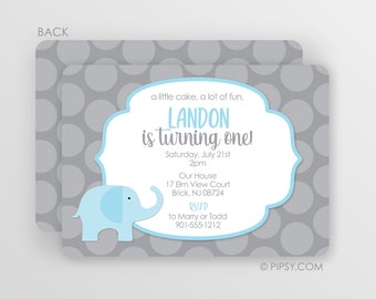 Elephant Birthday Invitation, Blue  boy elephant with gray polka dots, digital JPG or premium printed cardstock, first birthday