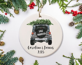 Just Married Newlywed Christmas Ornament | Personalized Wedding Gift | Gray off road truck | Christmas Tree, First Christmas Together