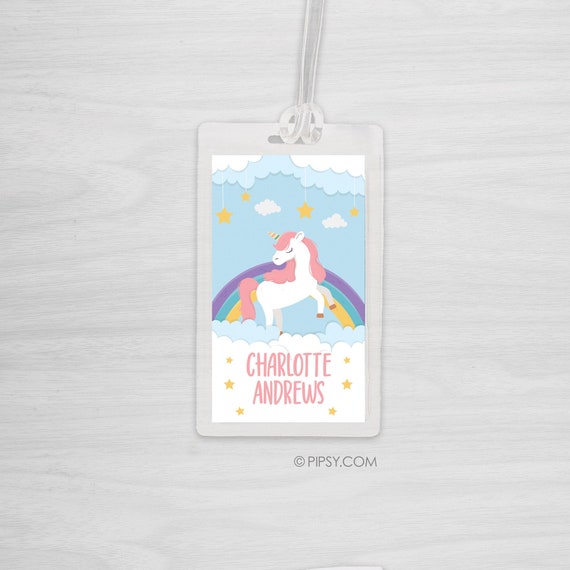 Kids Bag Tag Luggage Tag - Unicorn, Rainbows, clouds and stars, Personalized and Laminated, 2 sided Il_570xn