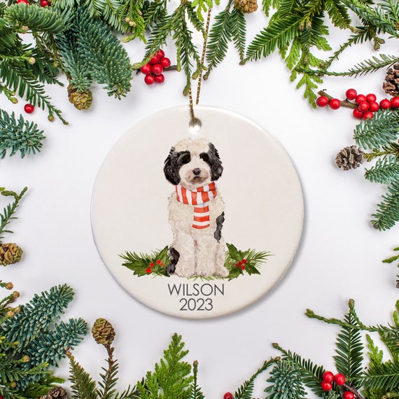 Personalized Dog Christmas Ornament White and Black Cockapoo