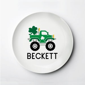 St. Patrick&#39;s Day Plate, ThermoSāf® personalized reusable plate, Monster Truck Shamrock, clover, dishwasher, microwave safe
