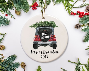 Just Married Newlywed Christmas Ornament, Wedding Ornament, Personalized Wedding Gift, Car Truck with Christmas Tree, First Christmas