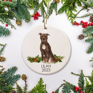 Pit Bull Ornament Personalized with your dog's name, Chocolate Brown, Gift for Dog Lovers, Puppy Christmas l