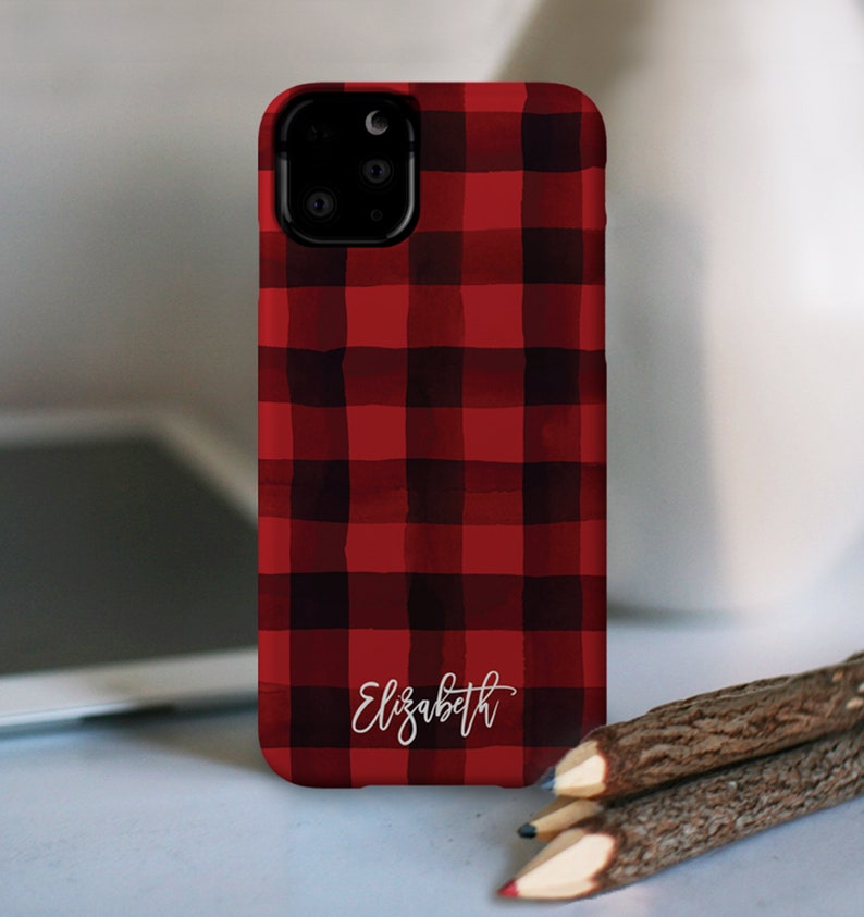 iPhone Personalized Case with watercolor buffalo plaid design, iPhone 15, 14, 13, 12, 11, XR, XS, Max Pro cases image 2