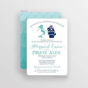 Mermaid and Pirate Invitation, Mermaid Party, Pirate Party, Twins Pool Party, Sibling Birthday Party Invitations - Ombre Mermaid Scales