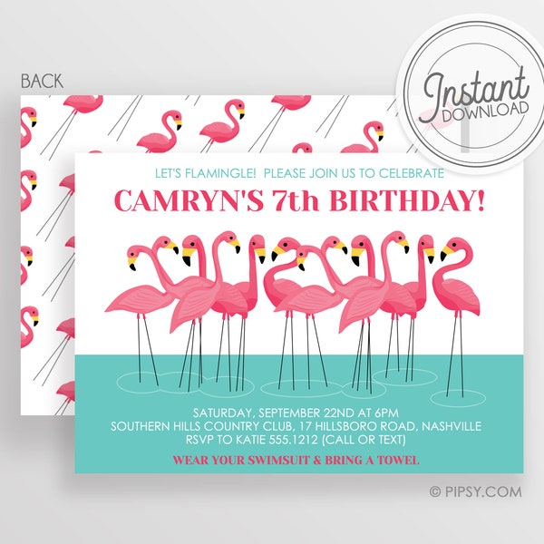 Flamingo Invitation- Birthday DIY Instant Download & Editable File - TEMPLETT invitation - Pool Party Invitation - Swim Party Invitation