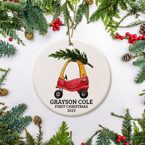 Baby's First Christmas Ornament with a toy car and tree, Personalized, Baby's 1st Christmas Gift, Keepsake Ornament
