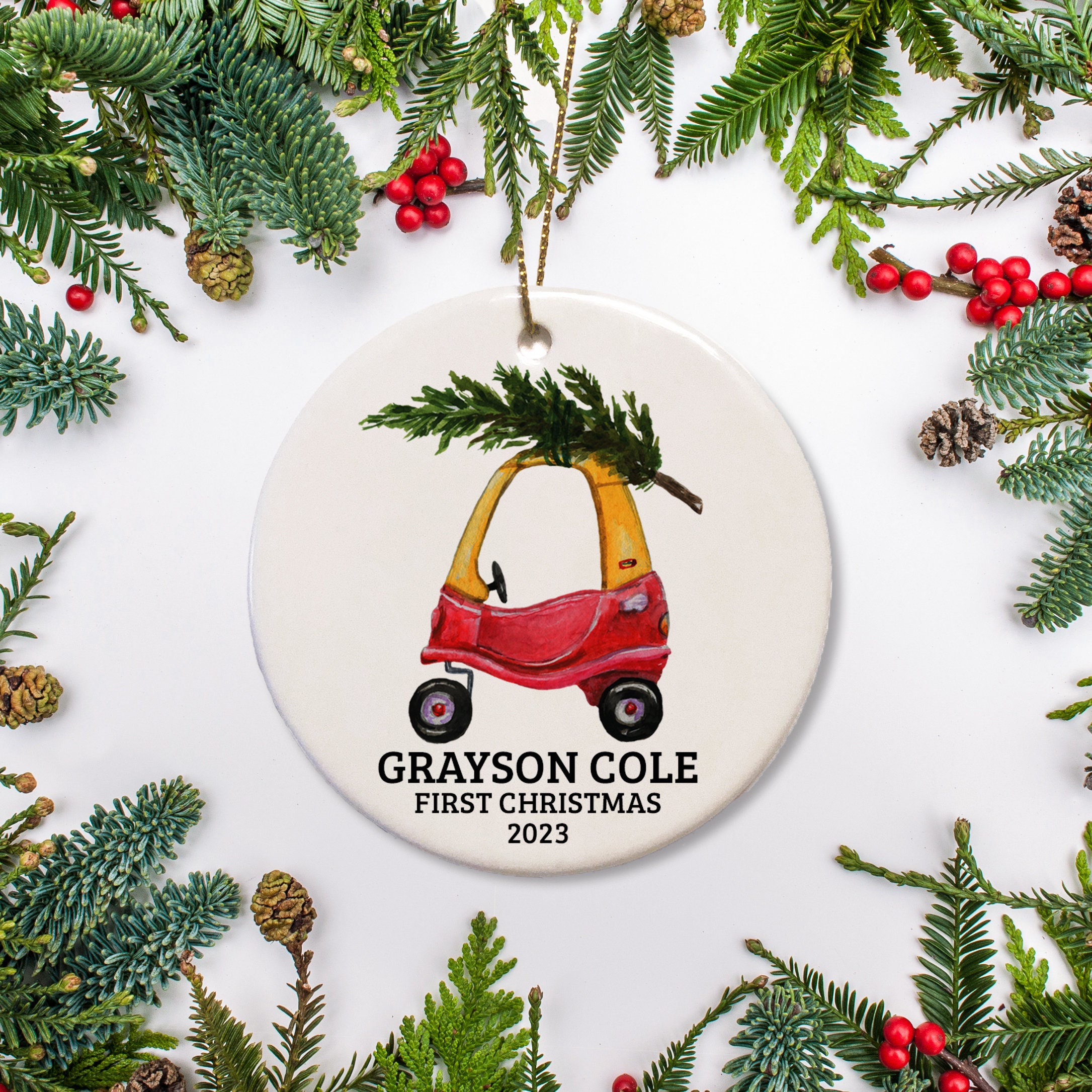 Personalized Baby's First Christmas Ornament: Toy Car & Tree Keepsake