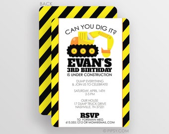 Construction Backhoe Boys Birthday Party Invitation, You choose premium printed heavyweight cardstock invites OR digital JPG