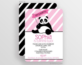 Panda Bear Bithday Party Invitation, Customize the colors, You choose heavyweight printed cardstock invites or a digital JPG