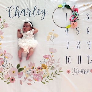 Manta de hito del mes de la niña: flor, niña, manta de bebé personalizada, seguimiento del crecimiento y la edad, regalo de baby shower de nueva mamá imagen 9