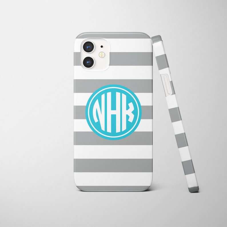 iPhone Personalized Case with bold gray Stripes and classic monogram Choose any Custom Color Scheme iPhone 14 and prior models image 1