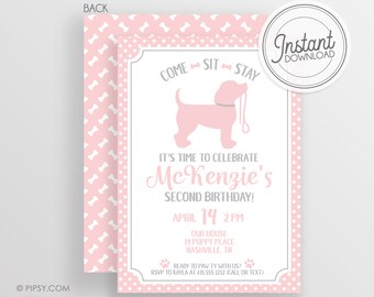 DIY Puppy Party Invitation -  Printable puppy party Invitation - Girl pink - Edit the file at home - Print or email however you want