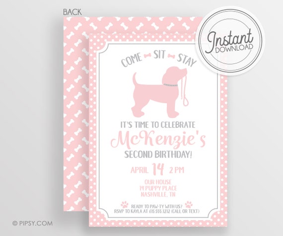 DIY Puppy Party Invitation - Printable puppy party Invitation - Girl pink - Edit the file at home - Print or email however you want Il_570xn