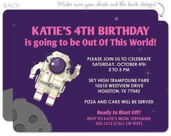 Girl Space Invitation, Astronaut party, bounce party, trampoline party  -  Party Invitation