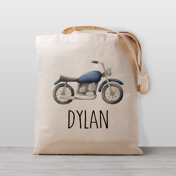Personalized Kids tote bag, motorcycle truck, Name school daycare toy bag, Boy Girl Kids, Gender Neutral Canvas Bag Il_570xn