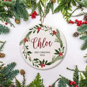 Baby&#39;s First Christmas Ornament, Personalized, Holly and Pine Wreath Ornament, 1st Christmas Gift