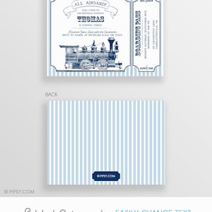 May include: A blue and white printable invitation for a birthday party. The invitation features a vintage train illustration and the text "All Aboard! Take a ride on the birthday express! Thomas is turning three!"  Reserve your seat with the conductor. RSVP to Maria at 6155551212 (call or text).