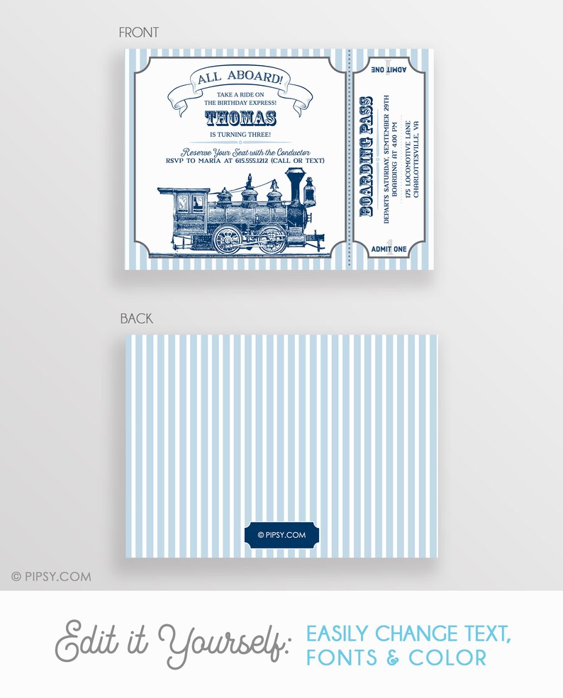May include: A blue and white printable invitation for a birthday party. The invitation features a vintage train illustration and the text "All Aboard! Take a ride on the birthday express! Thomas is turning three!"  Reserve your seat with the conductor. RSVP to Maria at 6155551212 (call or text).