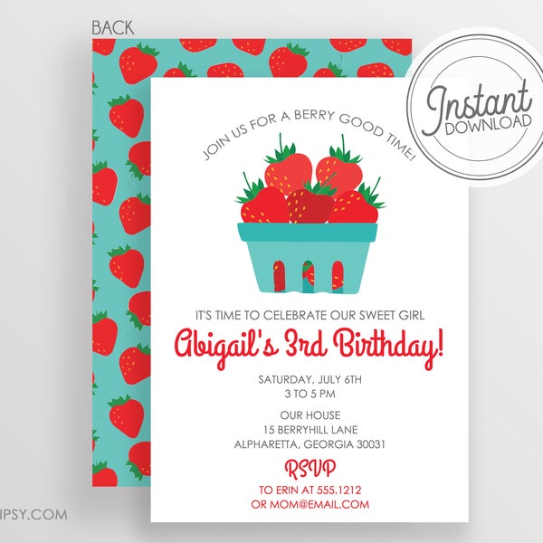 Strawberry Invitation - Strawberry Summer Birthday Party Invitation - DIY - Instant Download & Editable File - Templett Invitation