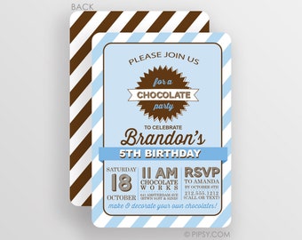 Custom Birthday Invitation for a Chocolate Candy Party, boy, blue, printed cardstock or digital jpg