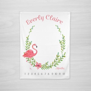 Baby Month Milestone Blanket- Flamingo- Watercolor Girl, Personalized Baby Blanket - Track Growth and Age - New Mom Baby Shower Gift