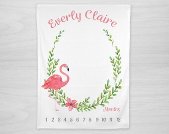 Personalized Flamingo Baby Milestone Blanket: Watercolor Tropical Fleece