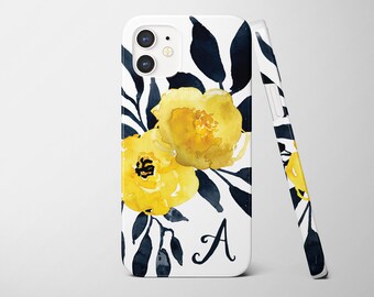 Floral iPhone Initial Case, Black and Yellow flowers watercolor, iPhone 15, 14, iPhone 13 Pro, iPhone 13 Mini, iPhone 13 Max Case