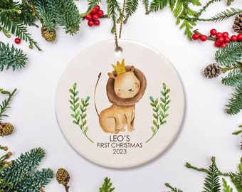 Baby's First Christmas, Personalized Ornament, Lion with Crown Ornament, Safari Watercolor Ornament, Baby's 1st Christmas Keepsake Gift