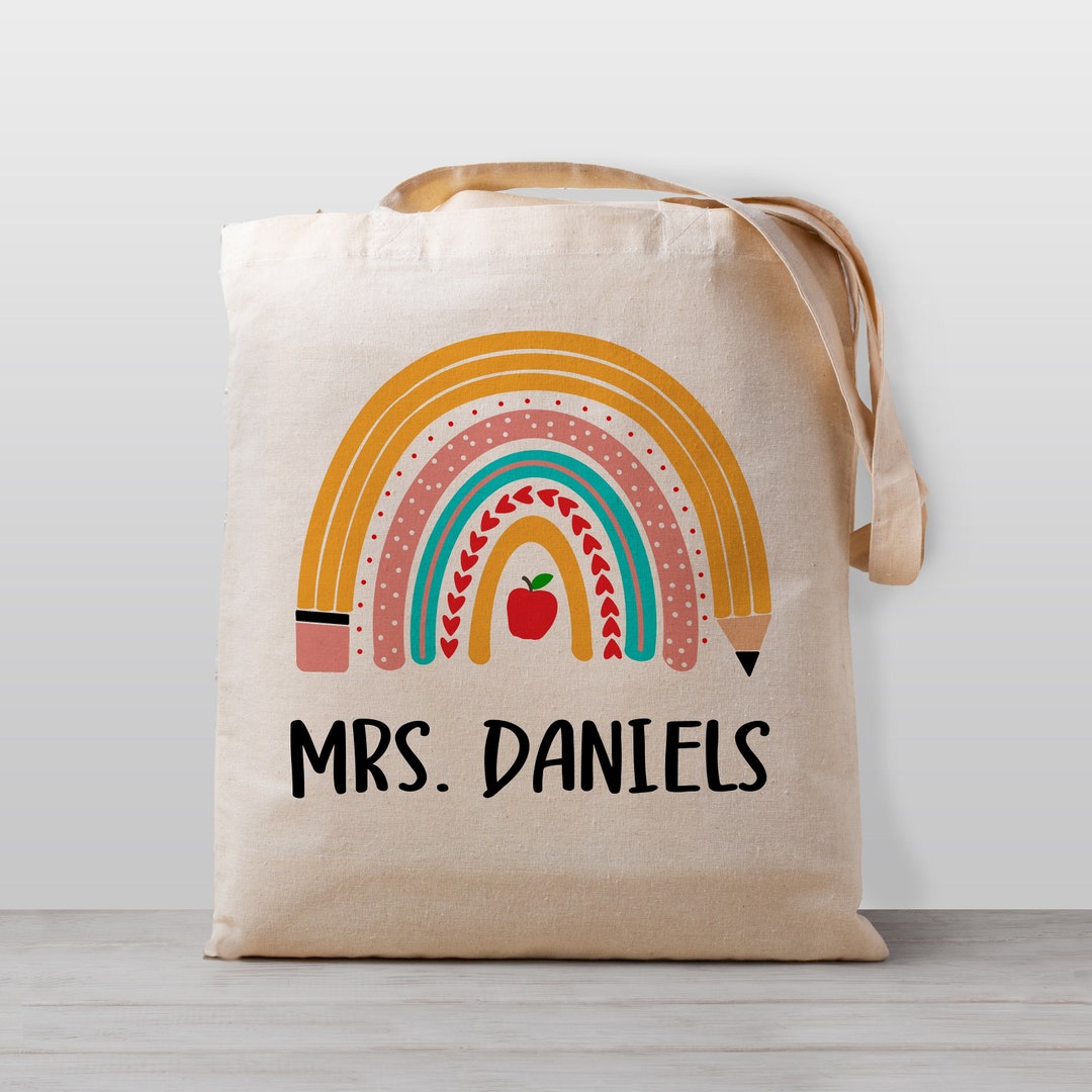Teacher Tote Bag Personalized Pencil Rainbow Book Bag End of School Class Gift Etsy