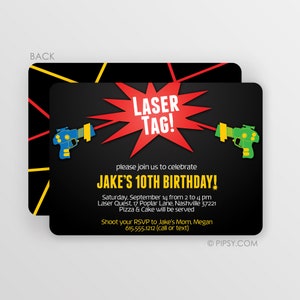 Laser Tag Birthday Invitations, Fun 2-sided Design on premium cardstock, or select a digital JPG to print yourself