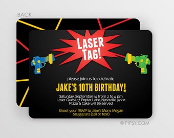 Laser Tag Birthday Invitations, Fun 2-sided Design on premium cardstock, or select a digital JPG to print yourself